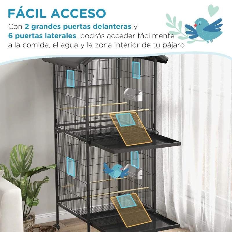 PawHut Jaula para Pájaros Grande de 2 Pisos Convertible en Sola Jaula con Ruedas Comederos 4 Perchas 78x75x168 cm Negro