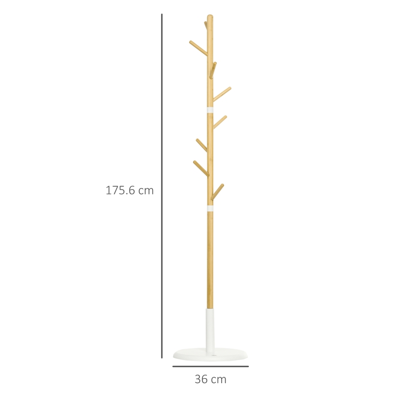 HOMCOM Albero Appendiabiti a 8 Ganci con Base Rotonda in Bambù, Legno e Metallo, Ø37.8x175.6 cm, color Legno e Bianco