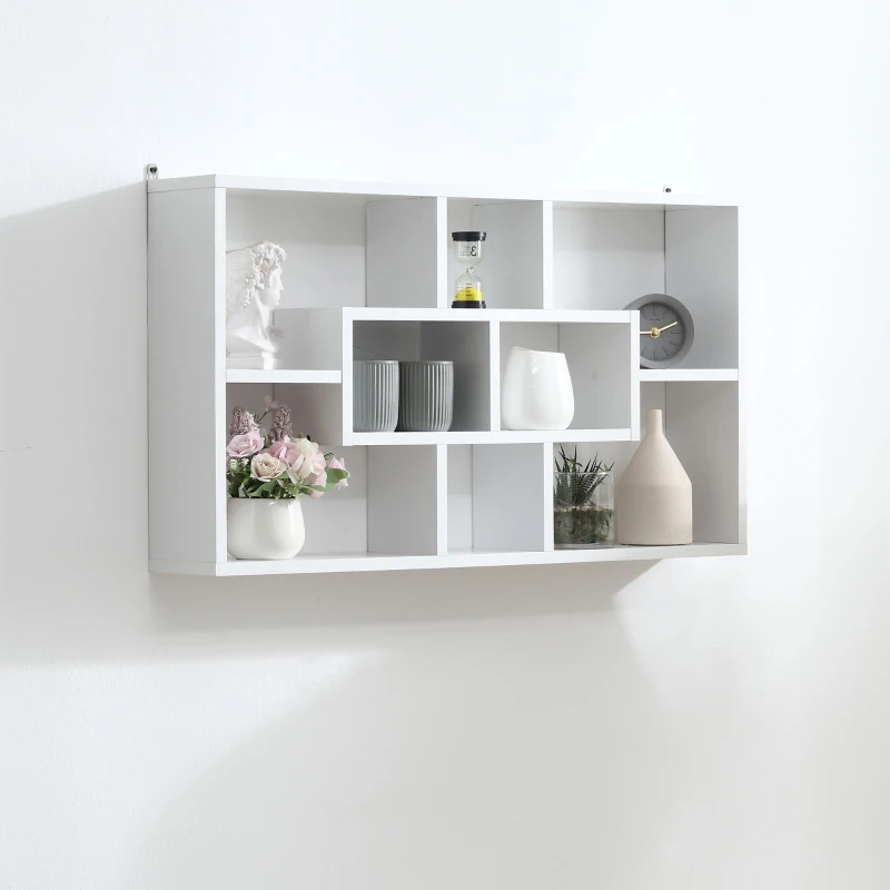 HOMCOM Pensile Libreria da Parete Sospesa 8 Vani in 3 Diverse Dimensioni, Mensola da Muro Design Antiribaltamento Pannelli di Truciolare Bianco 85x14.5x47.5cm Capacità: 20kg