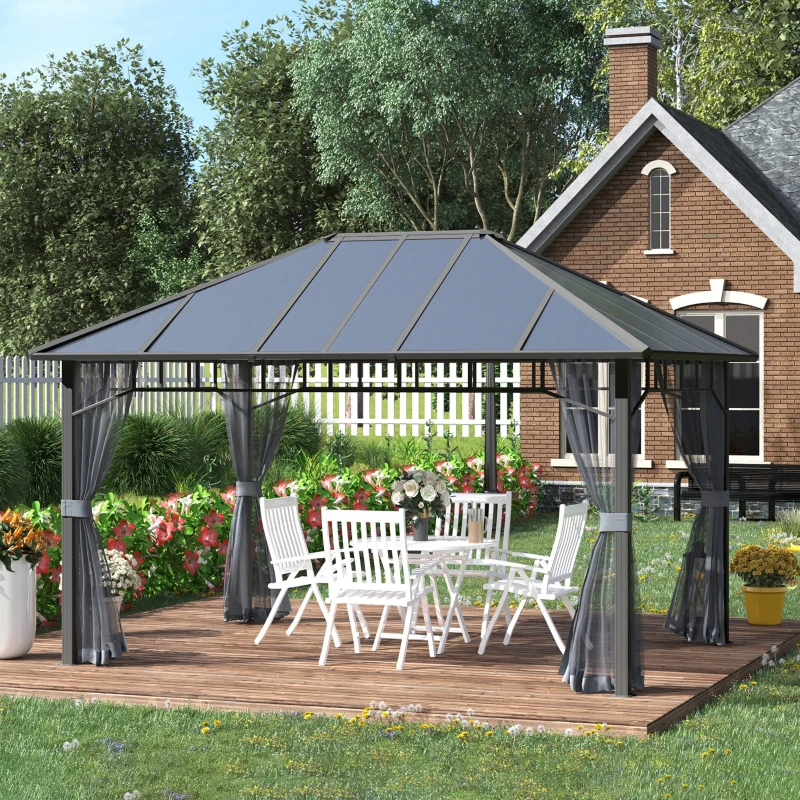 Outsunny Gazebo da Giardino 4x3m con Zanzariere e Tetto in Policarbonato, Grigio