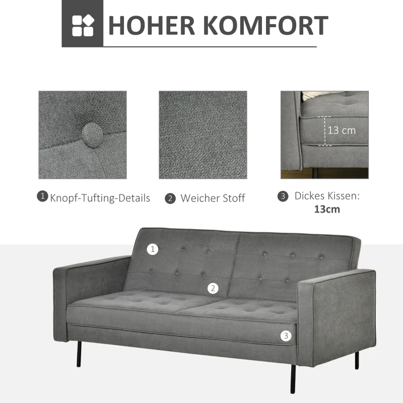 HOMCOM Schlafsofa 3-Sitzer Schlafcouch Stoffsofa Sofa mit Schlaffunktion Bettsofa mit verstellbarem Winkel Vintage Eukalyptusholz Baumwolle Grau