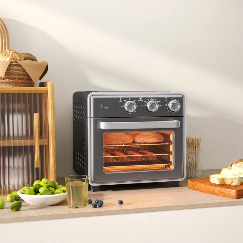 HOMCOM Minibackofen, 20L, 5 Funktionen, 360° Heißluft, Grillrost, Krümelblech, Grau(m-9)