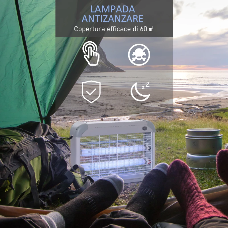 Outsunny Elettroinsetticida da Esterno e Interno con Lampada Antizanzare UV per 60m², Zanzariera Elettrica 20W, Grigio e bianco
