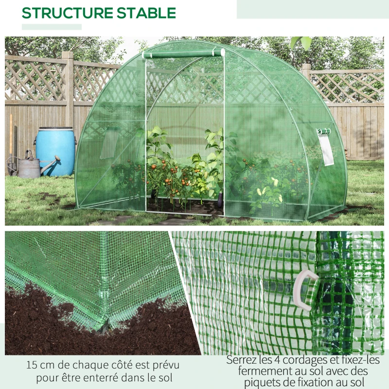 Outsunny Serre de Jardin Tunnel serre d'hivernage Surface Sol 4,5 m² dim. 3L x 1,5l x 2H m châssis Tubulaire renforcé Porte zippée 2 fenêtres enroulables Vert