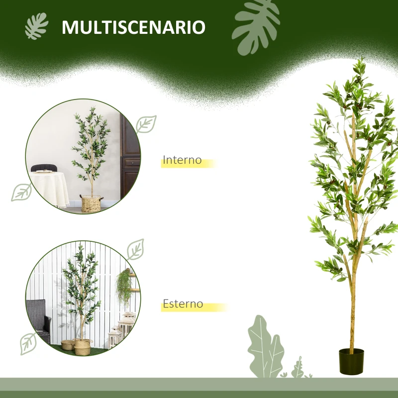 HOMCOM Pianta Artificiale di Ulivo da 180 cm a 12 Rami con Vaso Ø17x14.5 cm, per Interni ed Esterni, Verde