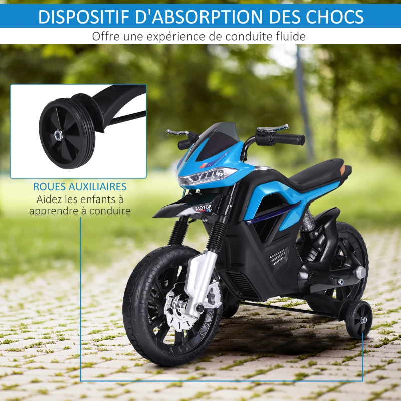 HOMCOM Moto électrique pour Enfants de 3-6 ans 25 W 6 V 3 Km/h Effets Lumineux et sonores roulettes Amovibles Charge max. 30 kg Bleu(m-5)