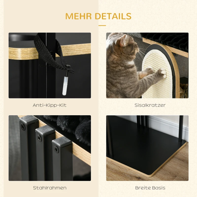 PawHut Kratzbaum, Industrial Design, 3 Plattformen, 2 Liegekissen, Kratzwand, Stahlrahmen, schwarz, 85 x 48 x 170 cm