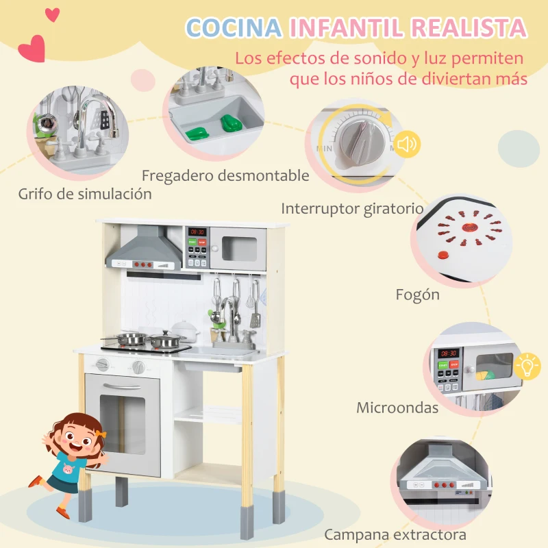 AIYAPLAY Cocina Infantil de Madera para Niños de +3 Años con Altura Ajustable Luz y Sonidos 60x30,5x93,2 cm Blanco