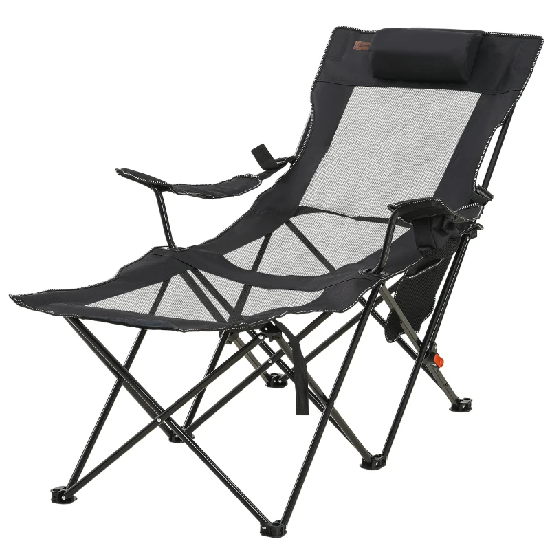 Outsunny Chaise de camping pliable avec repose-pied + Porte-gobelets + coussin appui-tête et sac de transport inclus noir