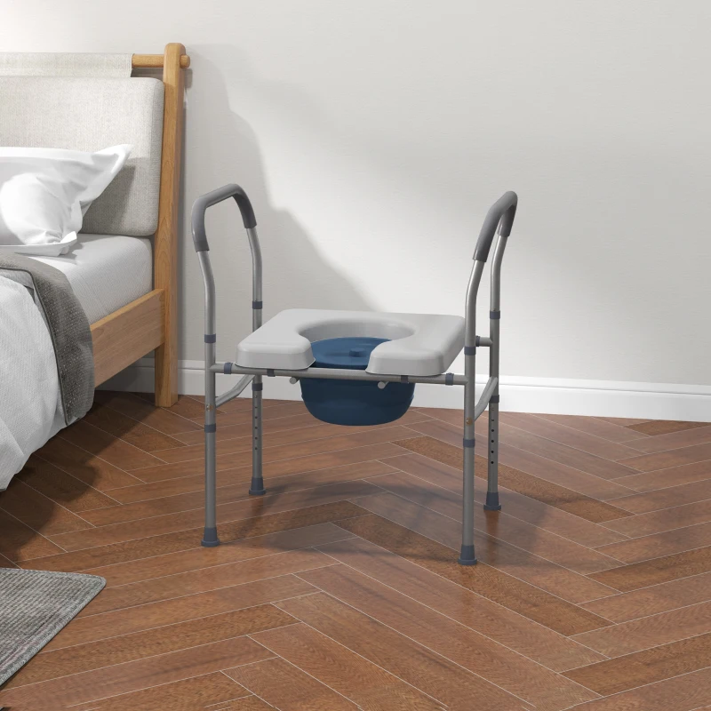 HOMCOM Sedia Comoda WC per Anziani e Disabili 4 in 1 Regolabile in Altezza con Braccioli Imbottiti, Grigio