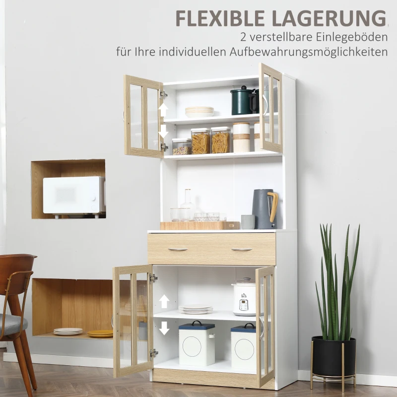 HOMCOM Küchenschrank Hochschrank Küchenbuffet mit Glastüren Geschirrschrank Esszimmerschrank mit 2 Schubladen und 2 Schränken Weiß+Natur 80 x 40 x 180 cm