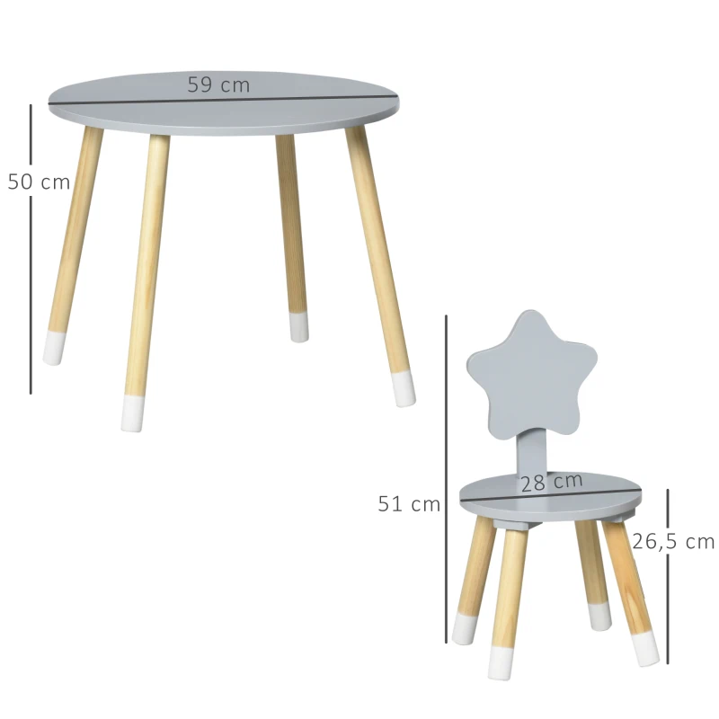HOMCOM Juego de Mesa y 2 Sillas de Madera para Niños Mesa Redonda Ø59x50 cm y Sillas Ø28x51 cm Muebles Infantiles Gris