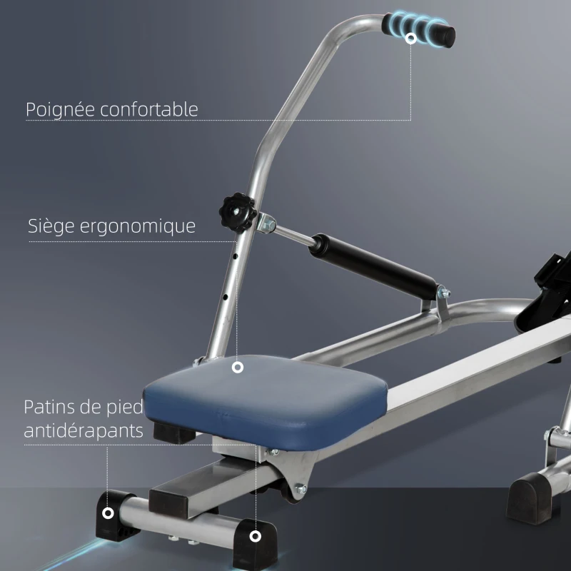 HOMCOM Rameur d'appartement pliable - 3 niveaux de résistance écran LCD multifonction - acier ABS noir gris