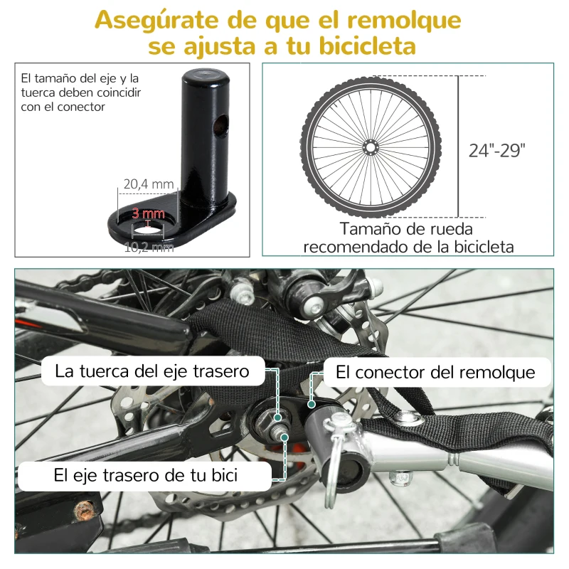 HOMCOM Remolque para Bicicleta con Barra para Niños de 2 Plazas con Rueda Delantera Giratoria 360° y Asiento Acolchado Carga Máx. 40 kg Amarillo