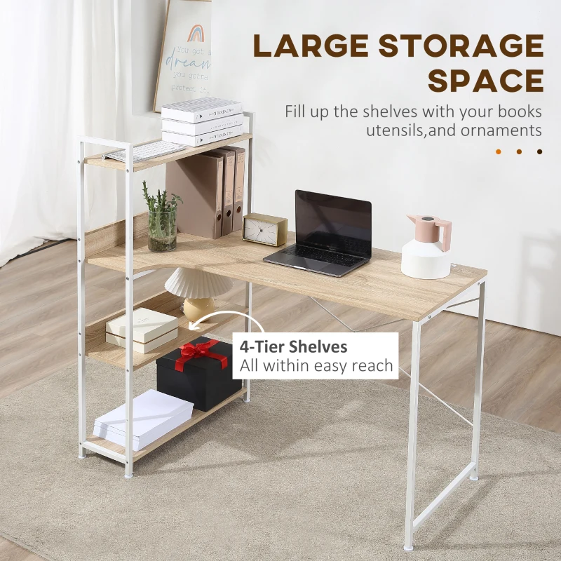 HOMCOM Office Desk with Storage Shelves, 120 CM Computer Desk, Industrial Study Table with Metal Frame for Home Office Small Space, Oak