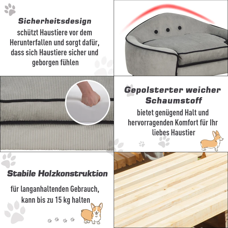 PawHut Haustiersofa, Hundebett, Hundematte, Hundesofa, Naturholz+Plüsch, Grau, 66,5 x 45 x 35,5 cm