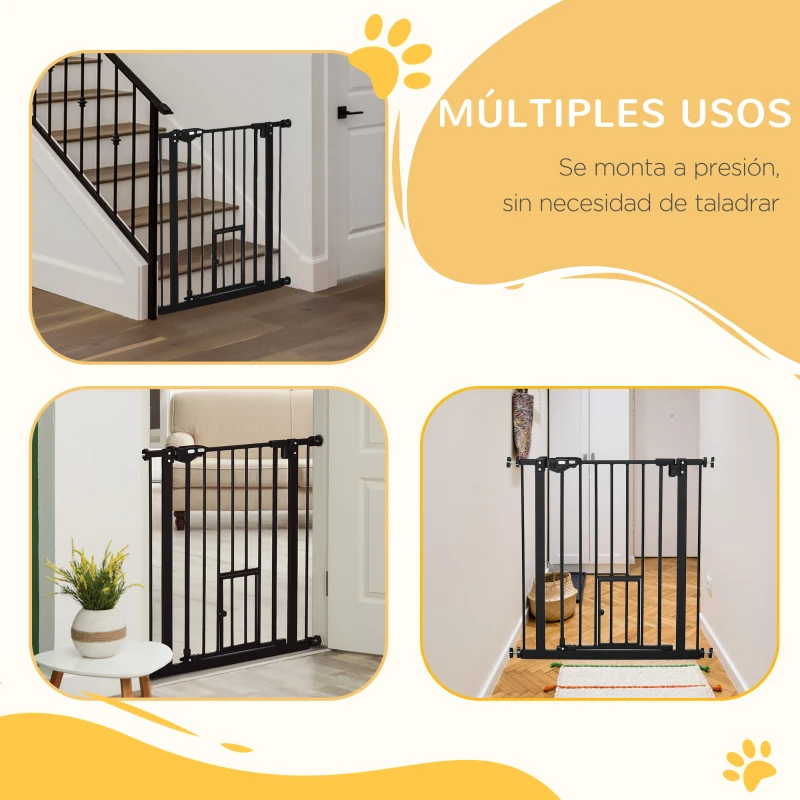 PawHut Barrera de Seguridad Extensible con Puerta Pequeño Cierre Automático y Sistema de Doble Bloqueo 74-80x76,2 cm Negro