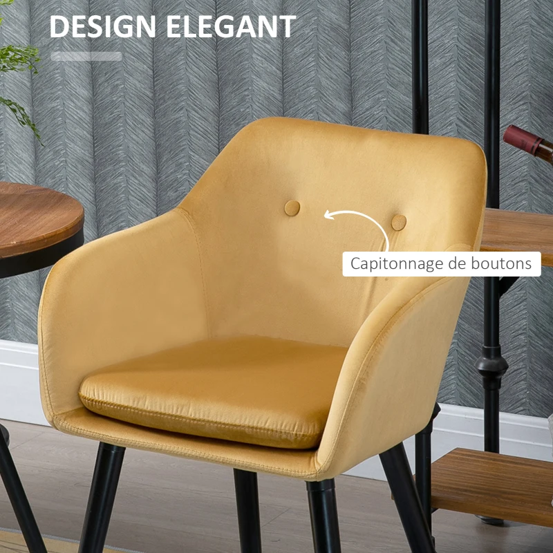 HOMCOM Chaises de Salle à manger Chaises de Visiteur scandinave - Lot de 4 - Pieds effilés Bois Noir - Velours Jaune Moutarde