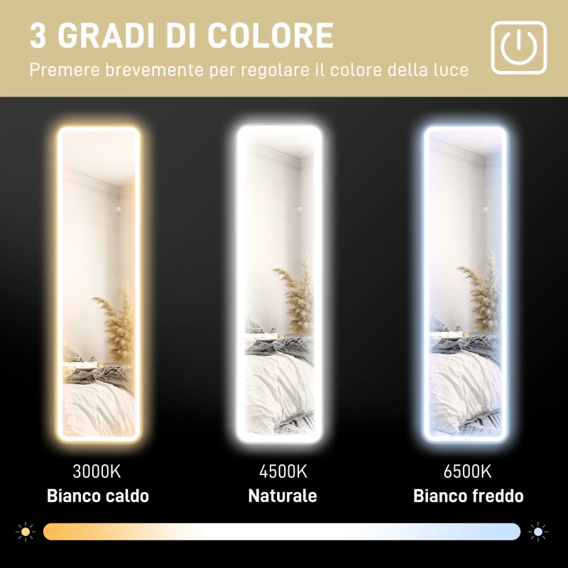 HOMCOM Specchio da Parete Touch con Illuminazione LED Regolabile, in Vetro Temperato e Metallo, 40x3x120 cm, Nero