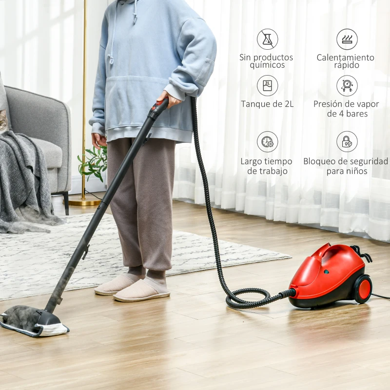 HOMCOM Limpiador a Vapor 4 Bar Potente 2000W Vaporeta Multiusos Depósito 2L Autonomía 35 min 15 Accesorios 40x24x27,2 cm Rojo
