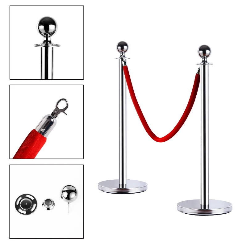 Outsunny Transenne Elimina Separacode Paletti di Delimitazione con Corde Rosso Acciaio Inox Ф32 x 95CM Argento