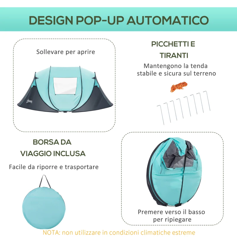 Outsunny Tenda da Campeggio 3 Persone a Cupola, Tenda Pop-Up Automatica a Igloo, 286x209x122cm, Azzurro