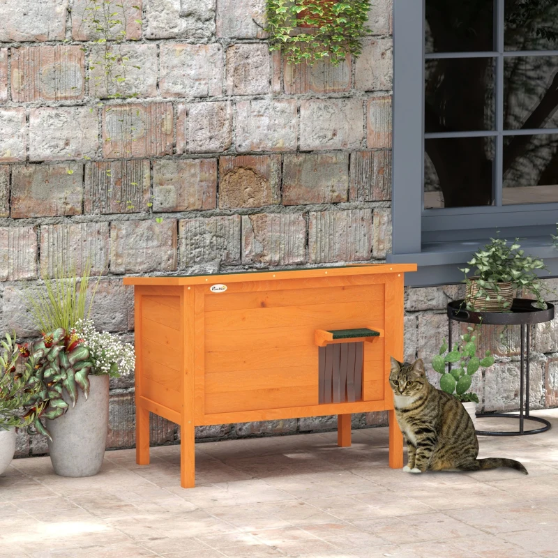 PawHut Feral Cat House, Wooden Insulated with Removable Floor, Water-Resistant Openable Roof - Orange
