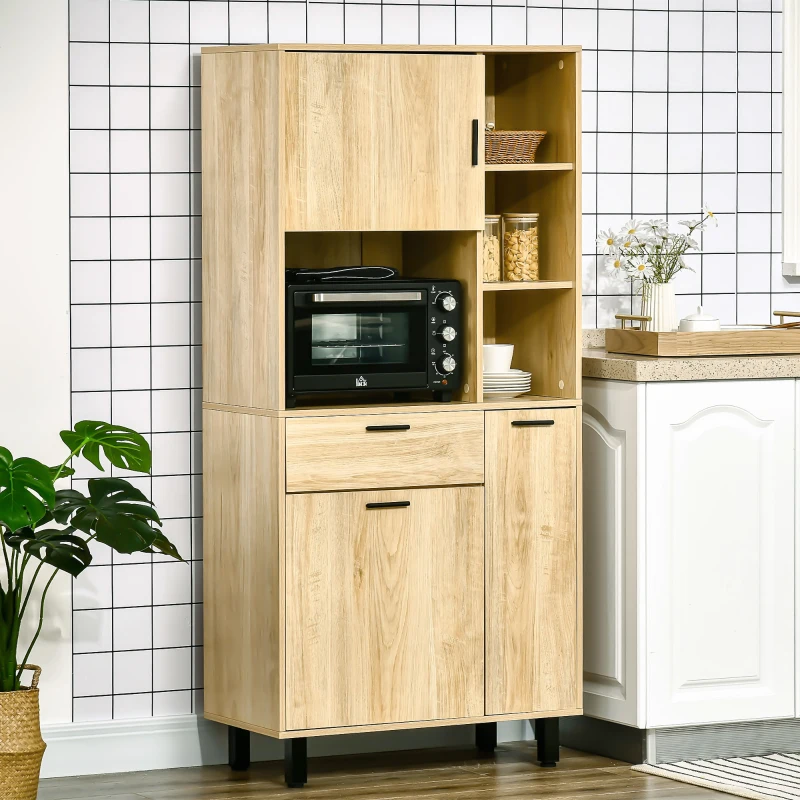 HOMCOM Buffet de cuisine armoire de cuisine multi-rangements avec un tiroir, 3 placards, 4 niches et passe-câbles hauteur 166 cm(m-2)