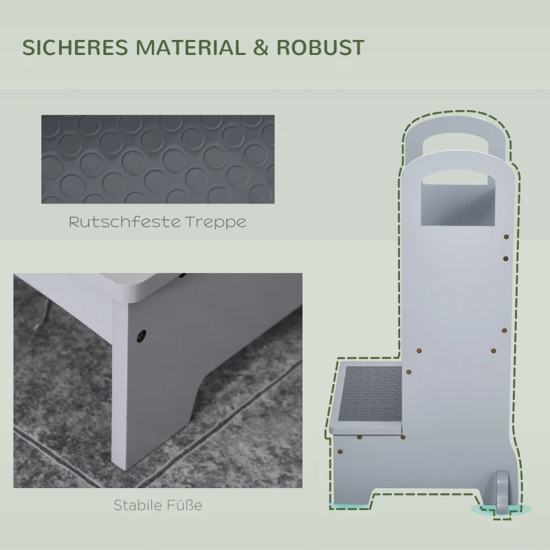HOMCOM Lernturm Tritthocker für Küche Schemel Stehender für Küchentheke Küchenhelfer mit 2 Stufen mehr Sicherheit Grau für 3-8 Jahre Kiefer 45 x 40 x 80 cm