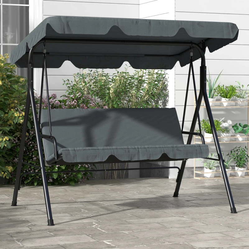 Outsunny 3 Seater Canopy Swing Chair Garden Rocking Bench Heavy Duty Patio Metal Seat w/ Top Roof - Grey