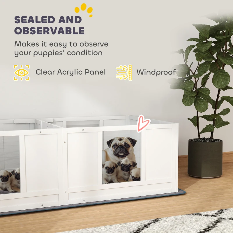 PawHut Two Room Design, Whelping Box for Dogs with Whelping Pad, Clear Panels, Adjustable Entrance, for Small Dogs, 164 x 80cm