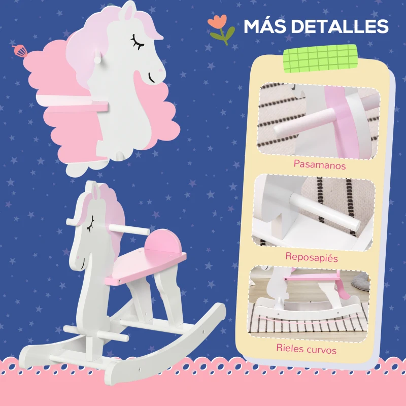 HOMCOM Caballito Balancín para Niños de 1-3 Años de Madera con Manillar y Pedales Carga 50 kg 68x27x46,5cm Blanco y Rosa
