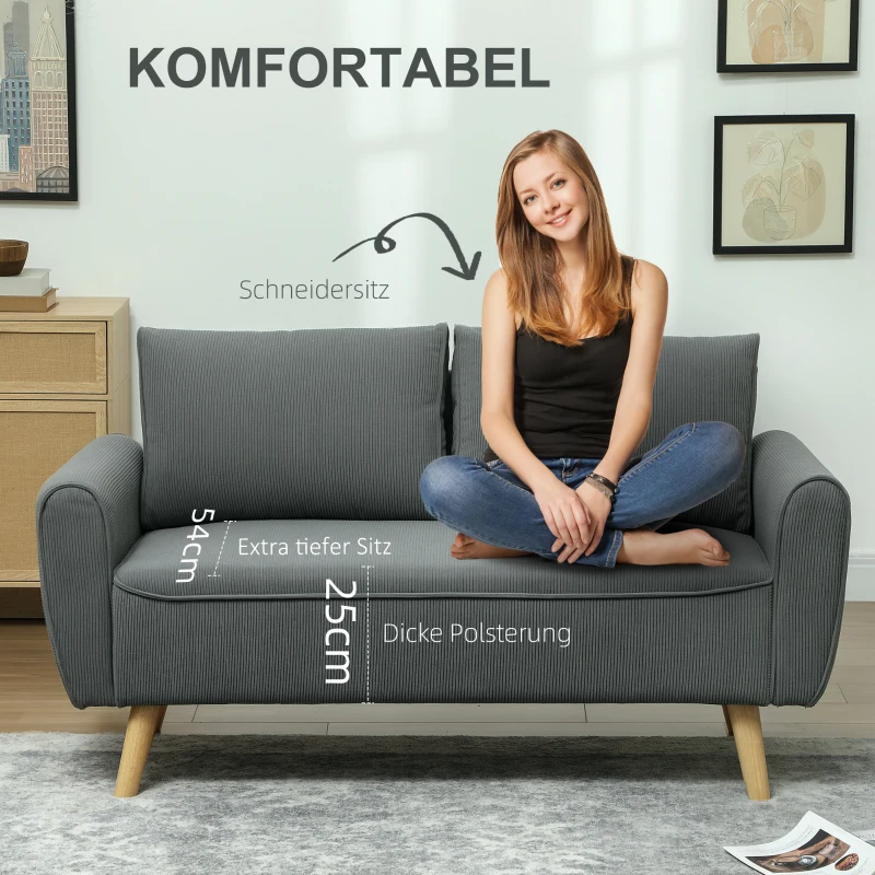 HOMCOM Zweisitzer-Sofa, Stoffcouch, 2 Rückenkissen, Cordbezug, 145 x 75 x 78 cm, Anthrazit(m-4)