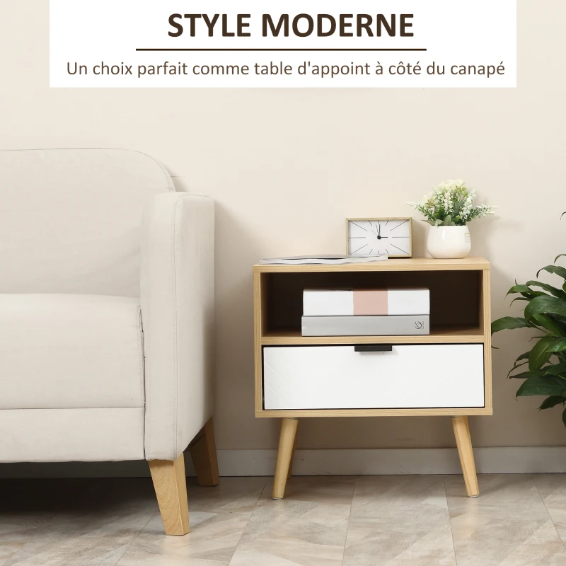 HOMCOM Table de chevet avec tiroir niche style scandinave panneau de particules pieds en bois massif 50 x 39,5 x 49,5 cm motif chevrons