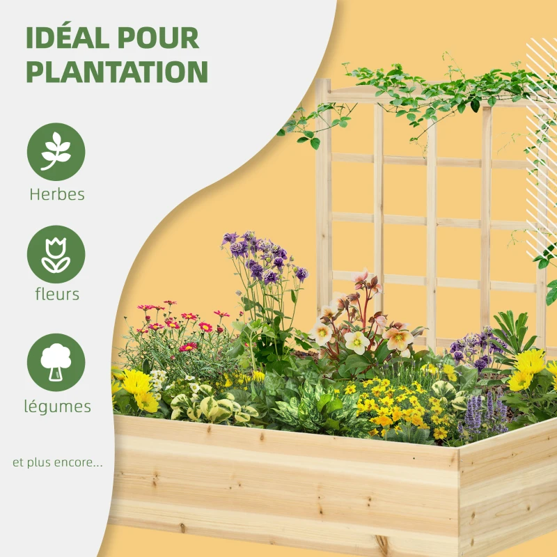 Outsunny Jardinière carré potager en bois avec treillis pour plantes grimpantes, légumes - 110 x 116 x 120 cm naturel