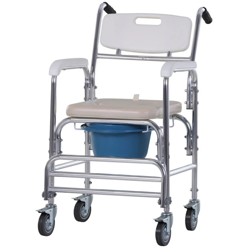 HOMCOM Chaise percée à roulettes - fauteuil roulant percé - chaise de douche - seau amovible, accoudoirs, repose-pied - acier chromé HDPE blanc