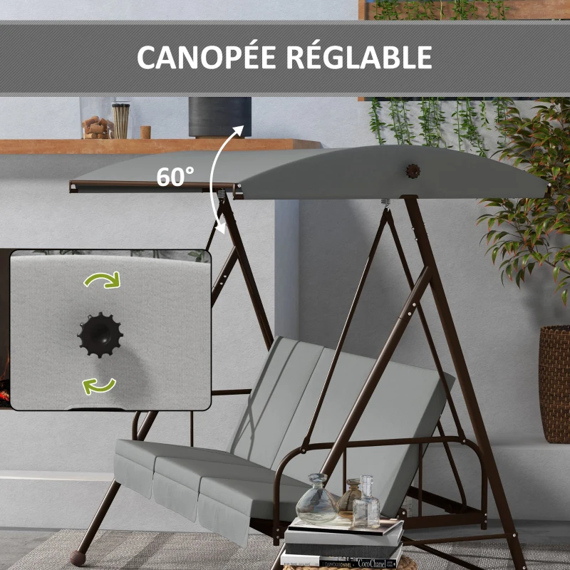 Outsunny Balancelle de jardin convertible 3 places grand confort avec 3 coussins toit réglable acier polyester gris