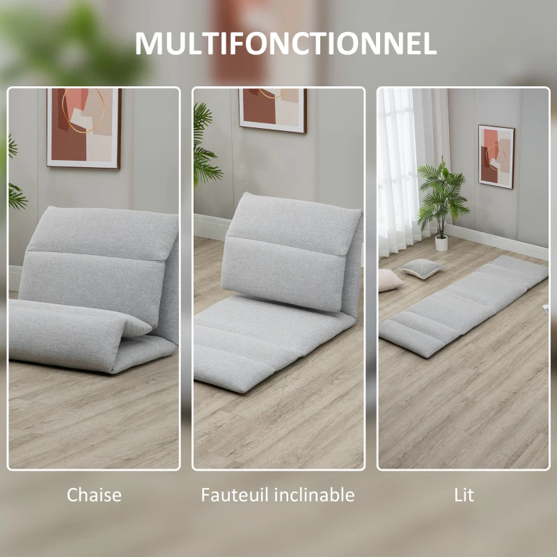 HOMCOM Fauteuil de sol canapé paresseux fauteuil convertible en lit dossier inclinable sur 5 positions 72 x 71 x 60 cm gris