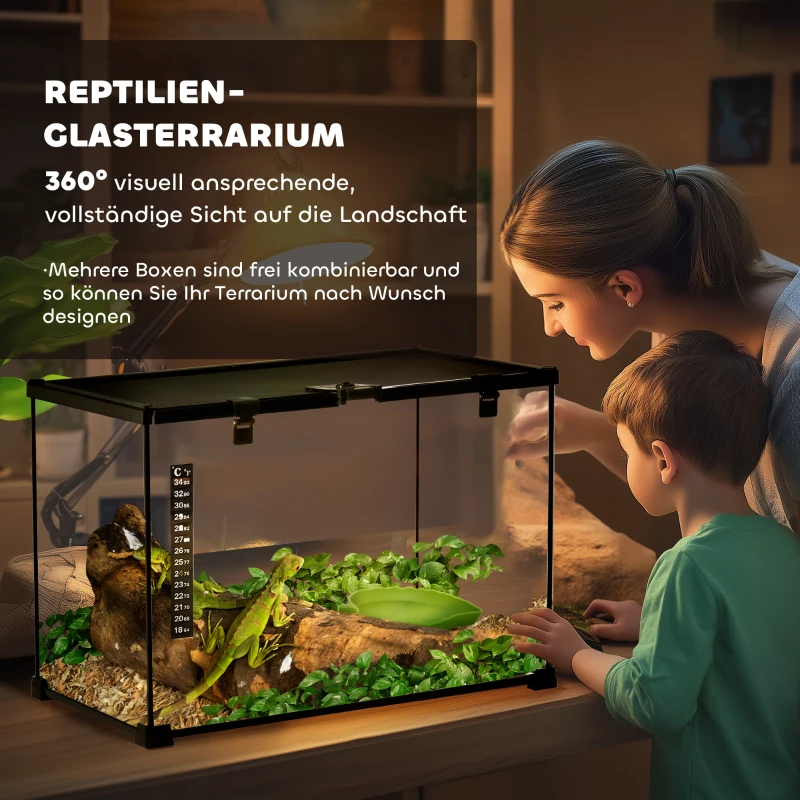 PawHut Terrarium für Reptilien Reptile Fütterungsbox Glasterrarium Amphibien Spinnentiere mit Thermometer Reptilienzuchtbox für Schnecken Amphibien Insekten Schildkröten Schwarz 50 x 30 x 35 cm