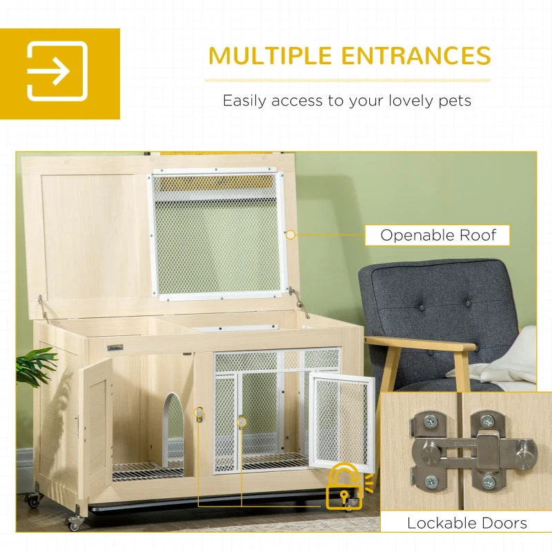 PawHut Rabbit Hutch, with Wheels, Removable Tray, Openable Roof, for 1-2 Rabbits - Oak Tone