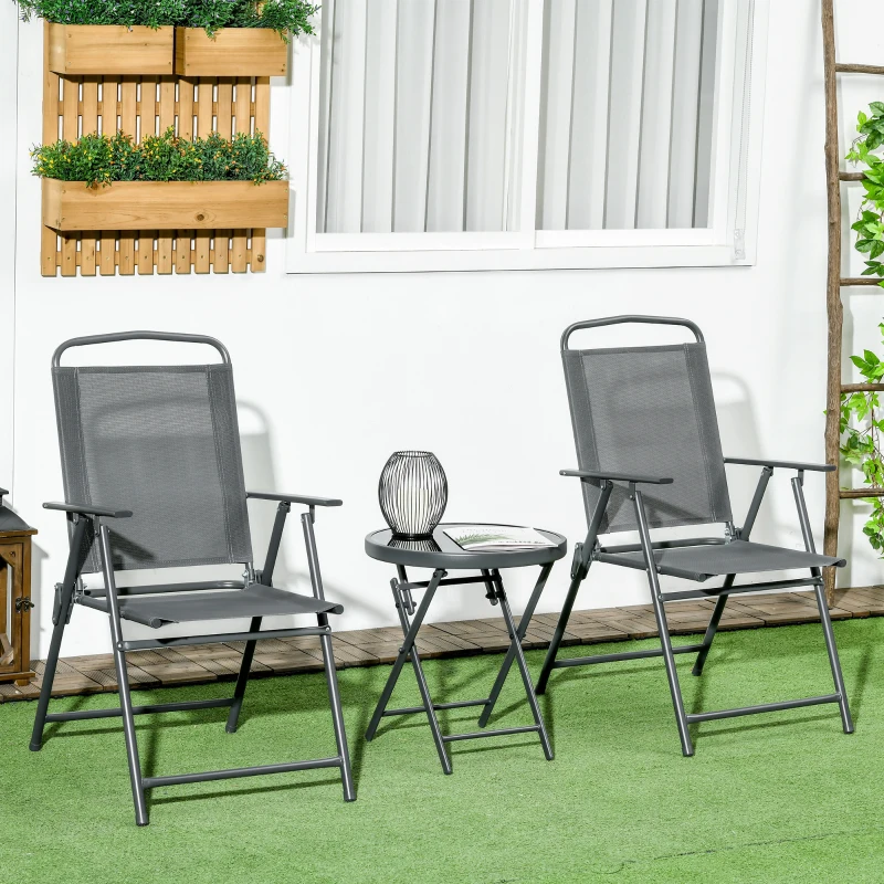 Outsunny Three-Piece Garden Seat Set, with Glass-Top Table - Dark Grey