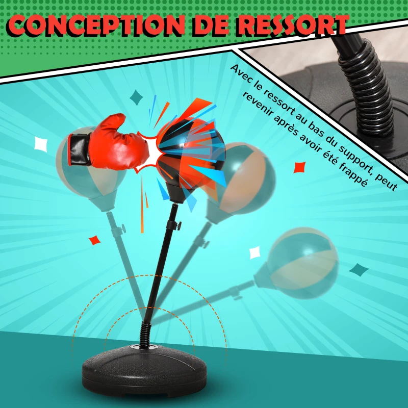 HOMCOM Sac de Frappe sur Pied Punching Ball sur Pied pour Enfant Hauteur réglable 90-120 cm Base de lestage Paire Gants et Pompe Inclus pour Karaté Fitness Taekwondo Rouge Noir