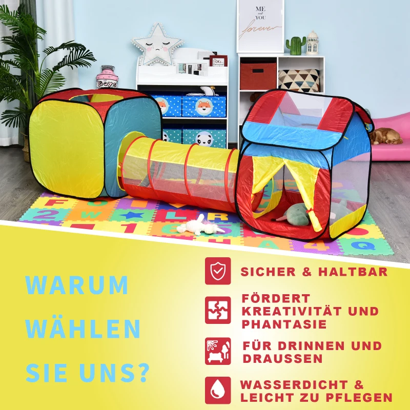 HOMCOM Pop up Kinderspielzelt, 3-teiliges Kinderzelt, Faltbares Babyzelt, Tunnel, Polyester, 230 x 70 x 89 cm