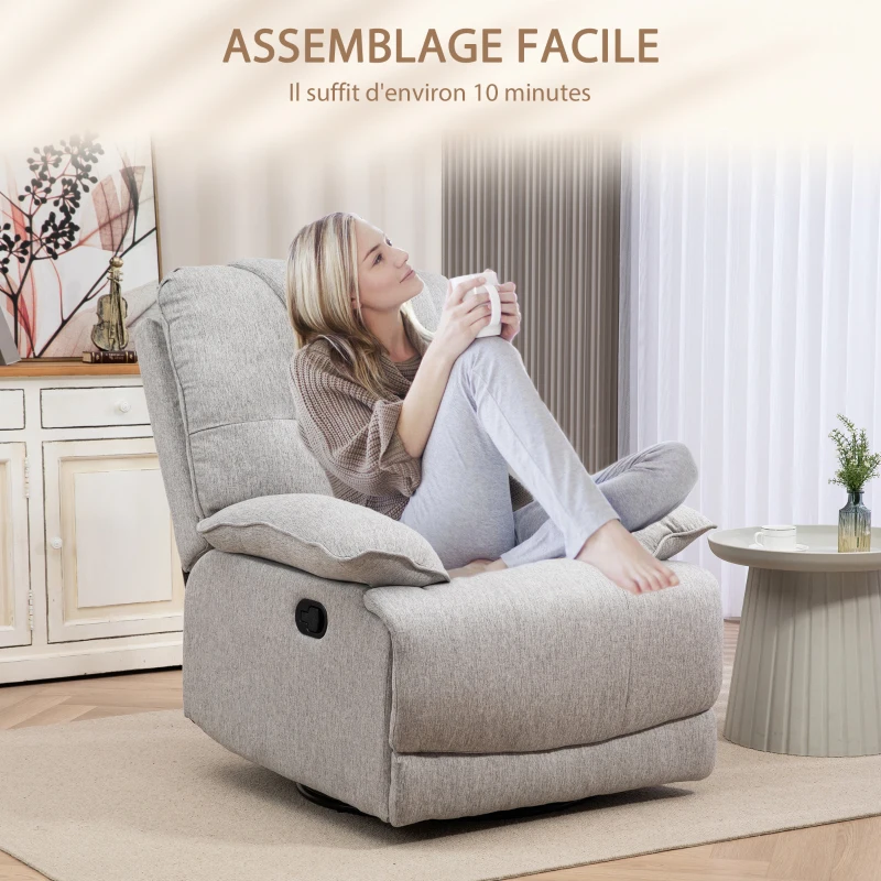 HOMCOM Fauteuil de relaxation en tissu aspect lin inclinable manuellement 145° avec repose-pied ajustable gris clair