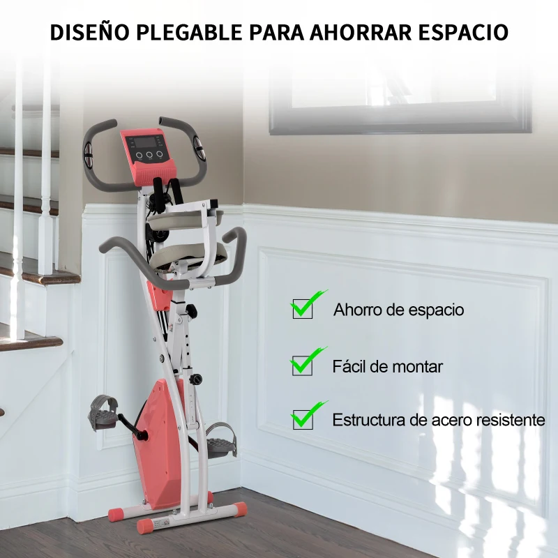 HOMCOM Bicicleta Estática Plegable Regulable en Altura Resistencia Magnética Ajustable Bici Estática con Pantalla LCD y Asiento con Respaldo Sensor de Pulso Carga 120 kg para Casa 105x48x118 cm Rosa