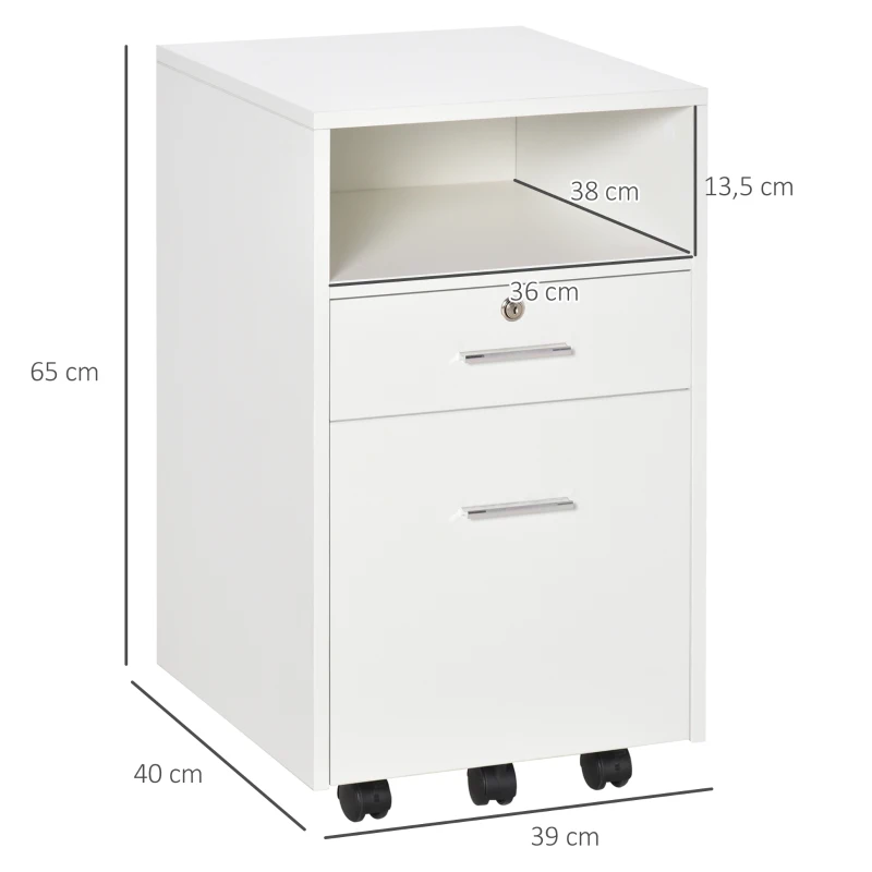 Vinsetto Büroschrank Rollcontainer, 2 Schubladen, eine Schublade abschließbar, 5 Rollen, Weiß, 39 x 40 x 65 cm