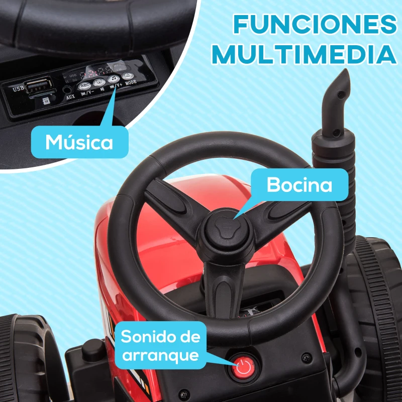 HOMCOM Tractor Eléctrico con Remolque para Niños 3-6 Años con Control Remoto y Cinturón de Seguridad 136,5x50x52,5 cm Rojo