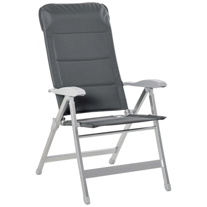 Outsunny Silla de Jardín Plegable Portátil de Aluminio con Respaldo Alto Ajustable en 7 Posiciones y Reposacabezas Acolchado para Exterior Terraza Camping 75x61,5x114,5 cm Gris