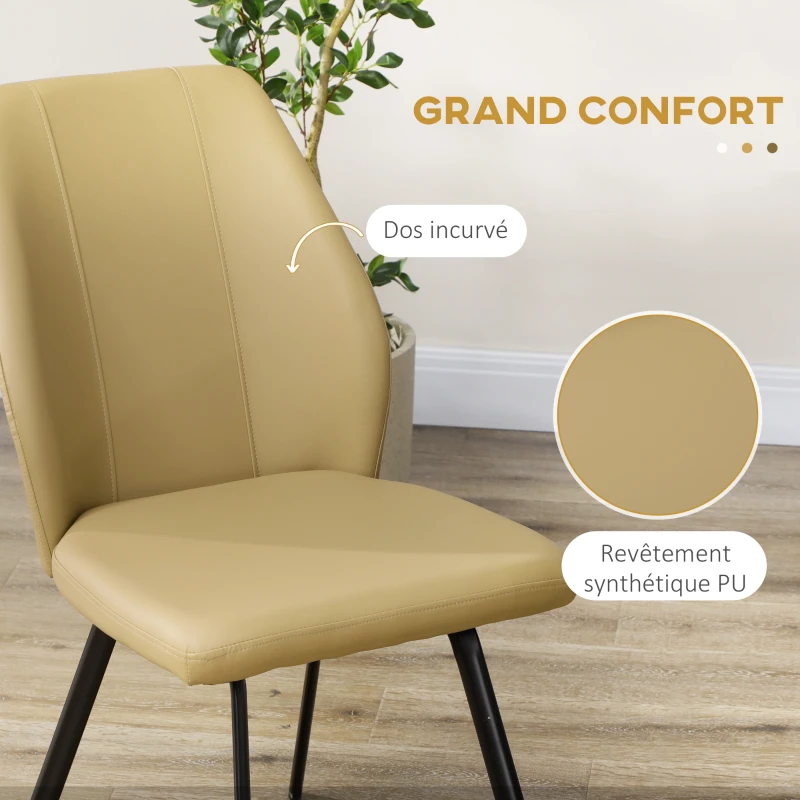 HOMCOM Lot de 4 chaises de salle à manger avec dossier assise en similicuir et piètement en acier 48 x 71 x 87 cm beige