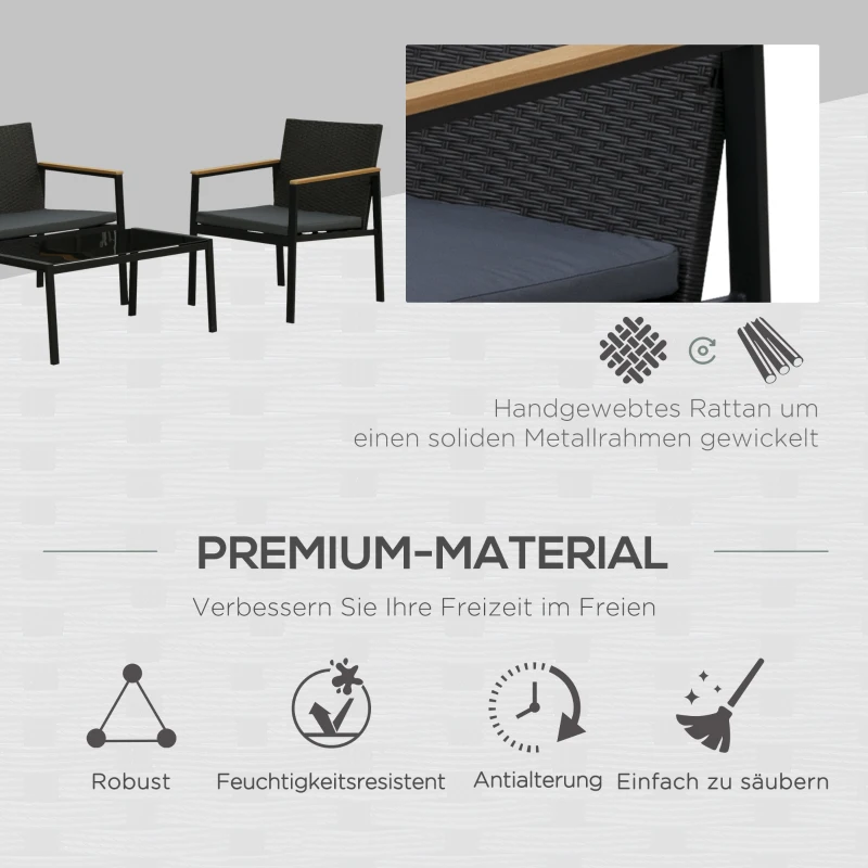 Outsunny Garten Möbelset für 4 Personen Sitzgarnitur, 3 Sofa, Couchtisch, mit Sitzkissen, Kunststoff Rattan, Schwarz